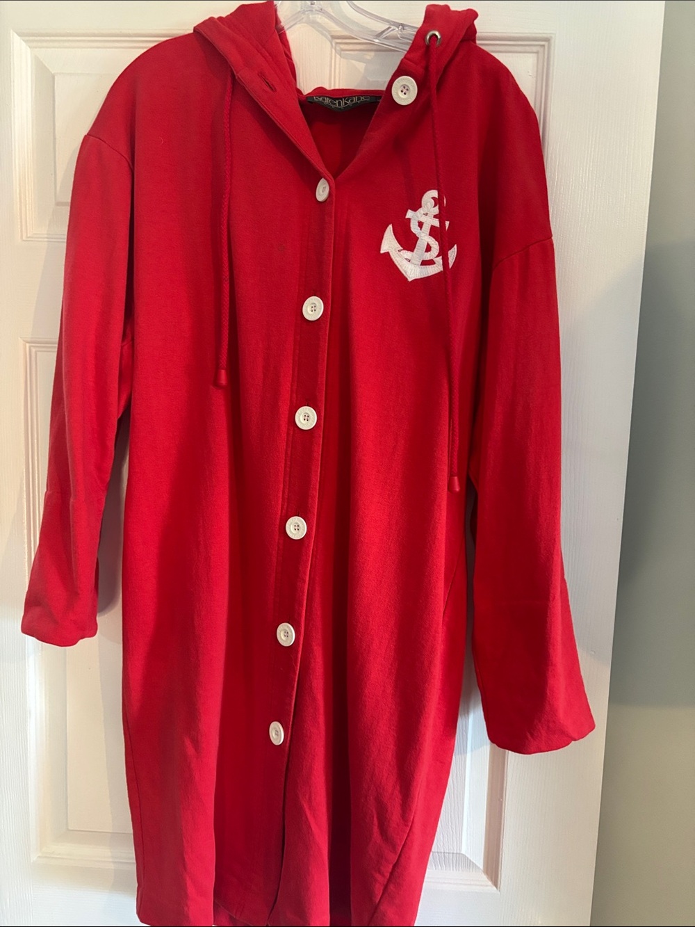 Red Hooded Button-Front Cverup with Anchor Patch